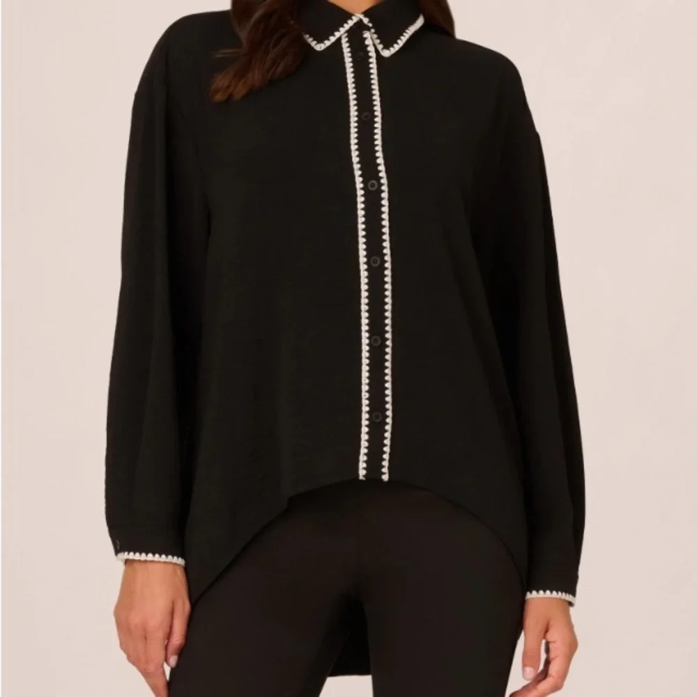Adrianna Papell Button Up Top M Black White Relaxed Embroidered Woven Career